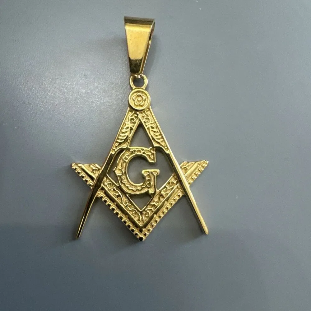 Men's Free Mason Stainless Steel Freemason Symbol Masonic Pendant Chain Gold
